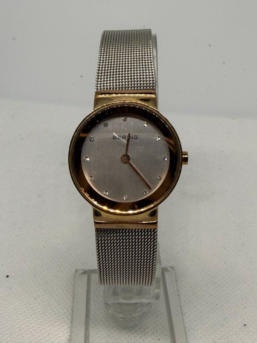 Bering Classic Two-Tone Mesh Rose Gold Bezel Ladies Quartz Watch Deep Scratch